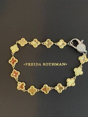 Freida Rothman Two-Tone Clover Bracelet w/ Pave Clasp Brass Base $99 MSRP